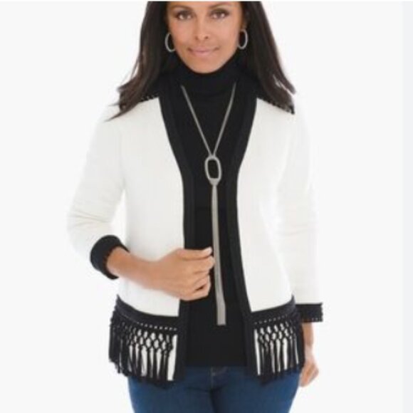 Chico's LIKE NEW cream/black crochet fringe trim open front cardigan jacket S - Picture 1 of 9